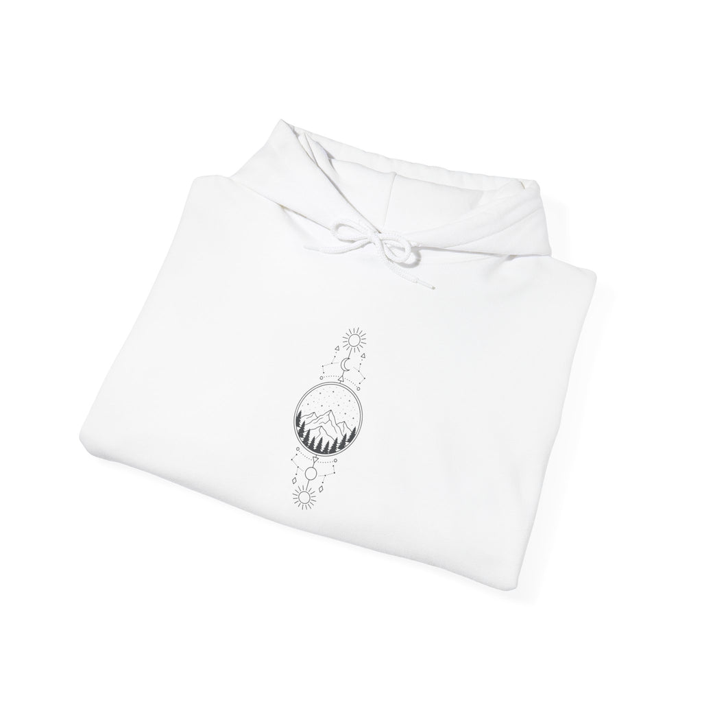 Minimal Crescent Moon Hoodie — Celestial Line Art Chest Design