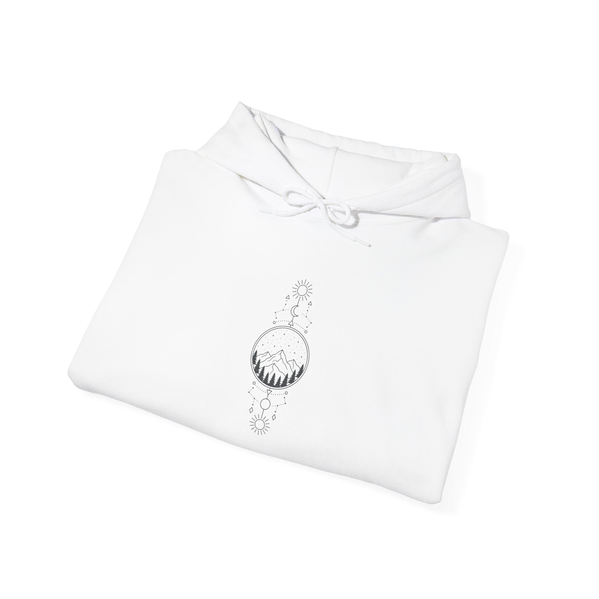 Minimal Crescent Moon Hoodie — Celestial Line Art Chest Design