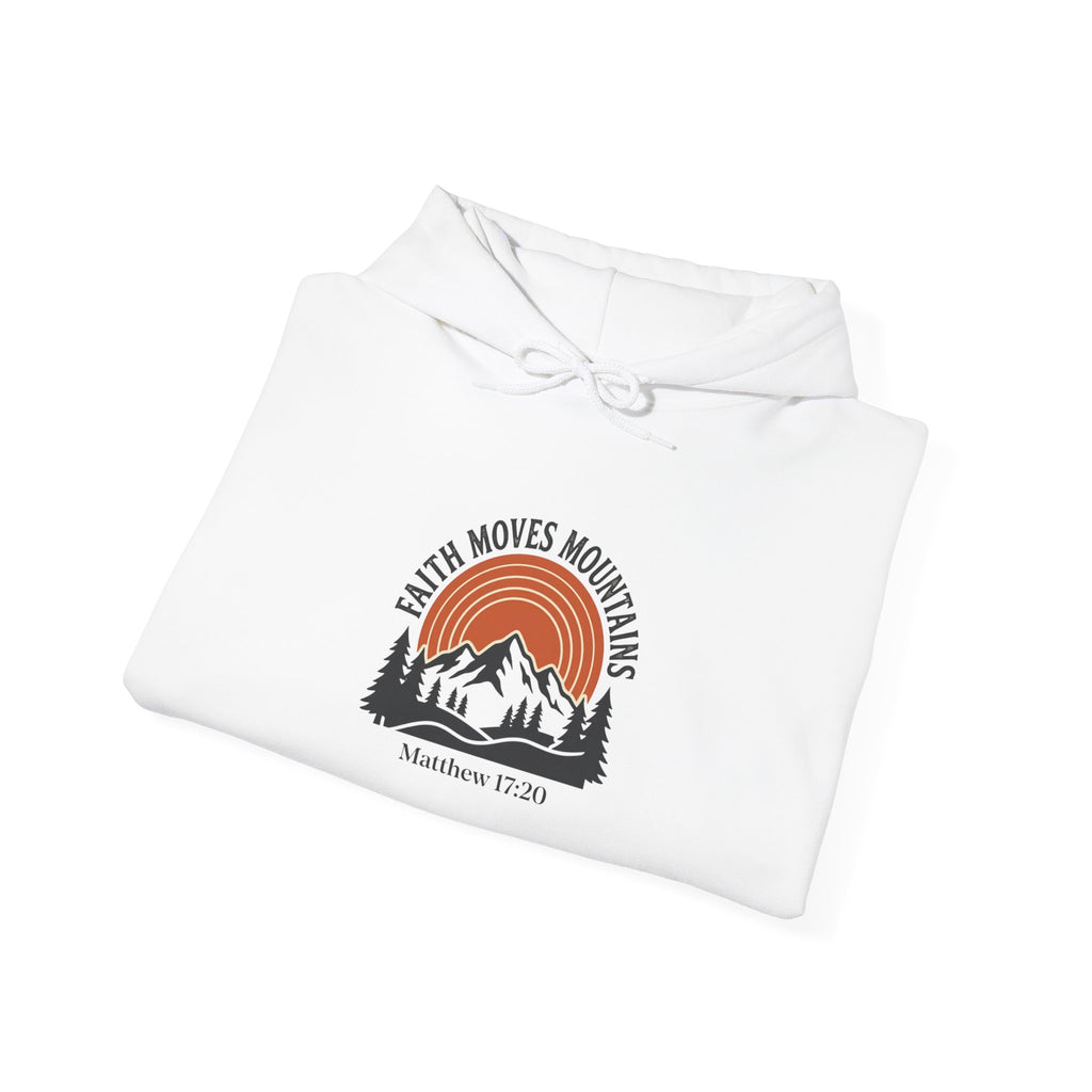 Faith Moves Mountains Hoodie — Mountain Sunrise Graphic Pullover (Matthew 17:20)