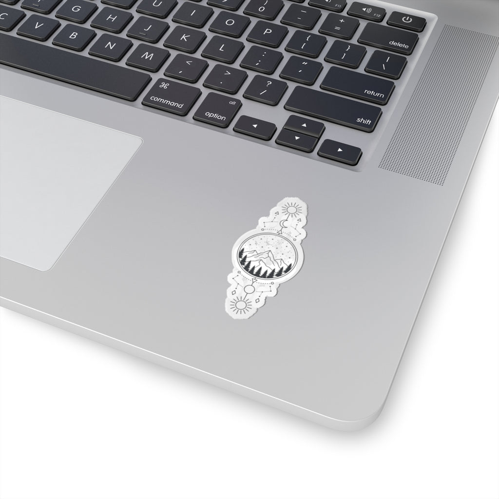 Mystic Mountain Kiss-Cut Sticker — Moon, Sun & Constellation Nature Decal