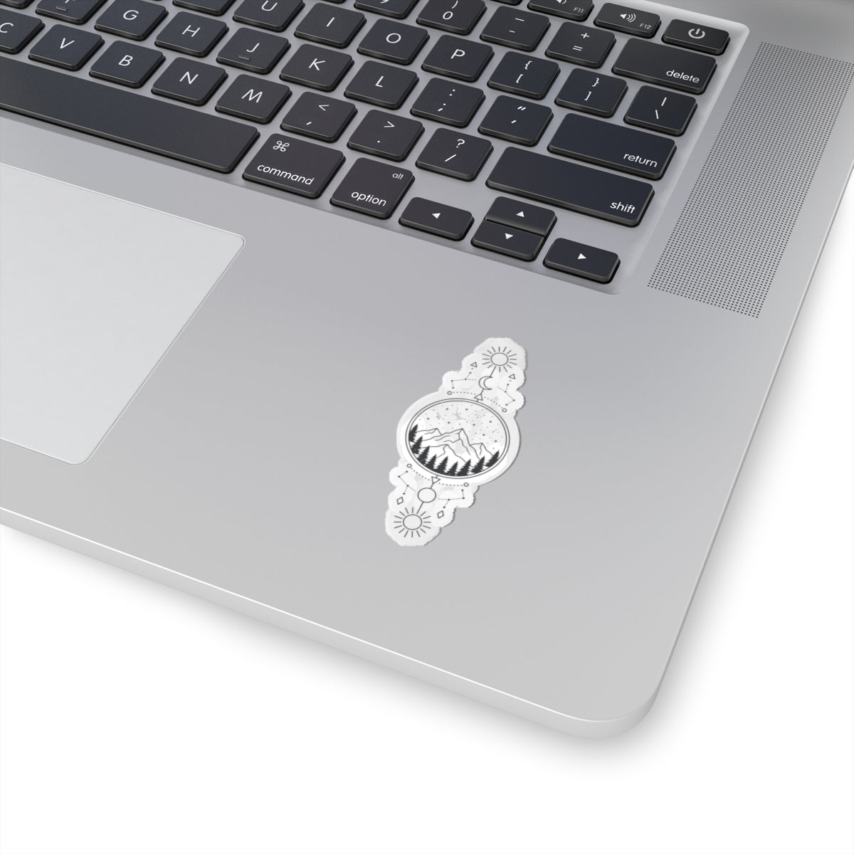 Mystic Mountain Kiss-Cut Sticker — Moon, Sun & Constellation Nature Decal