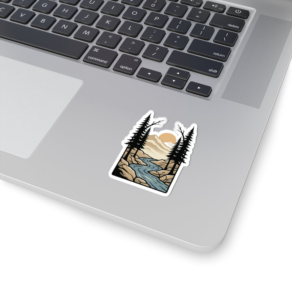 Nature River Scene Sticker — Mountain Sunrise Kiss-Cut Decal