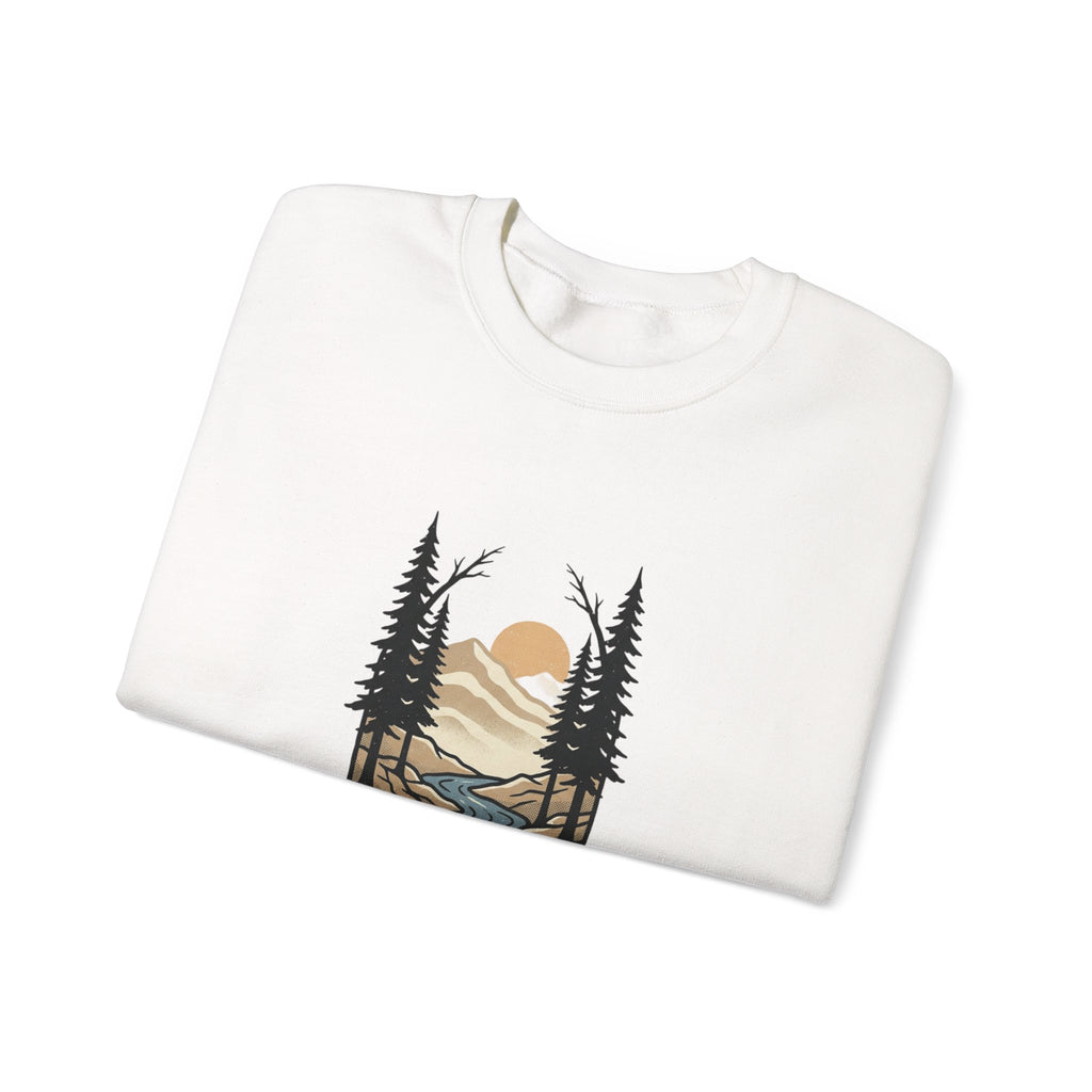 Nature Sunset Crewneck Sweatshirt — Mountain River Pine Trees Graphic