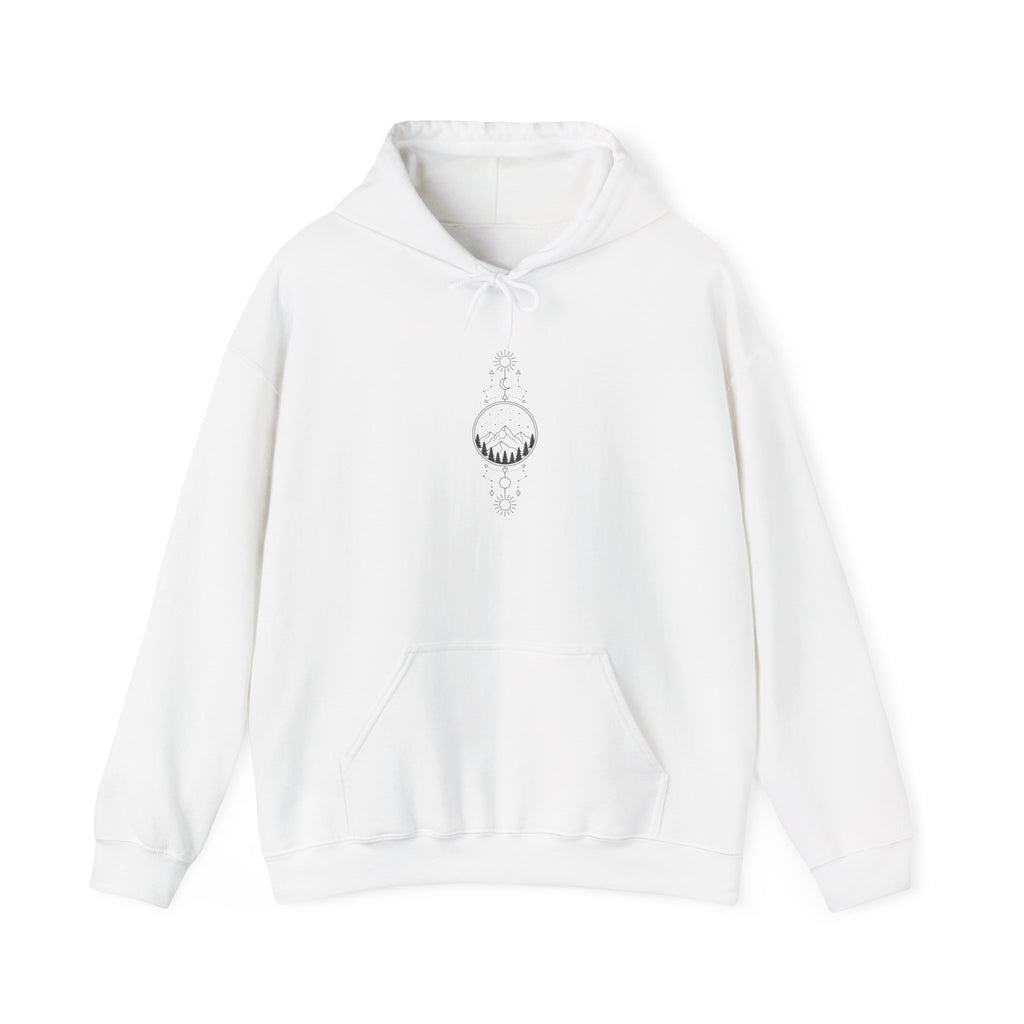 Minimal Crescent Moon Hoodie — Celestial Line Art Chest Design