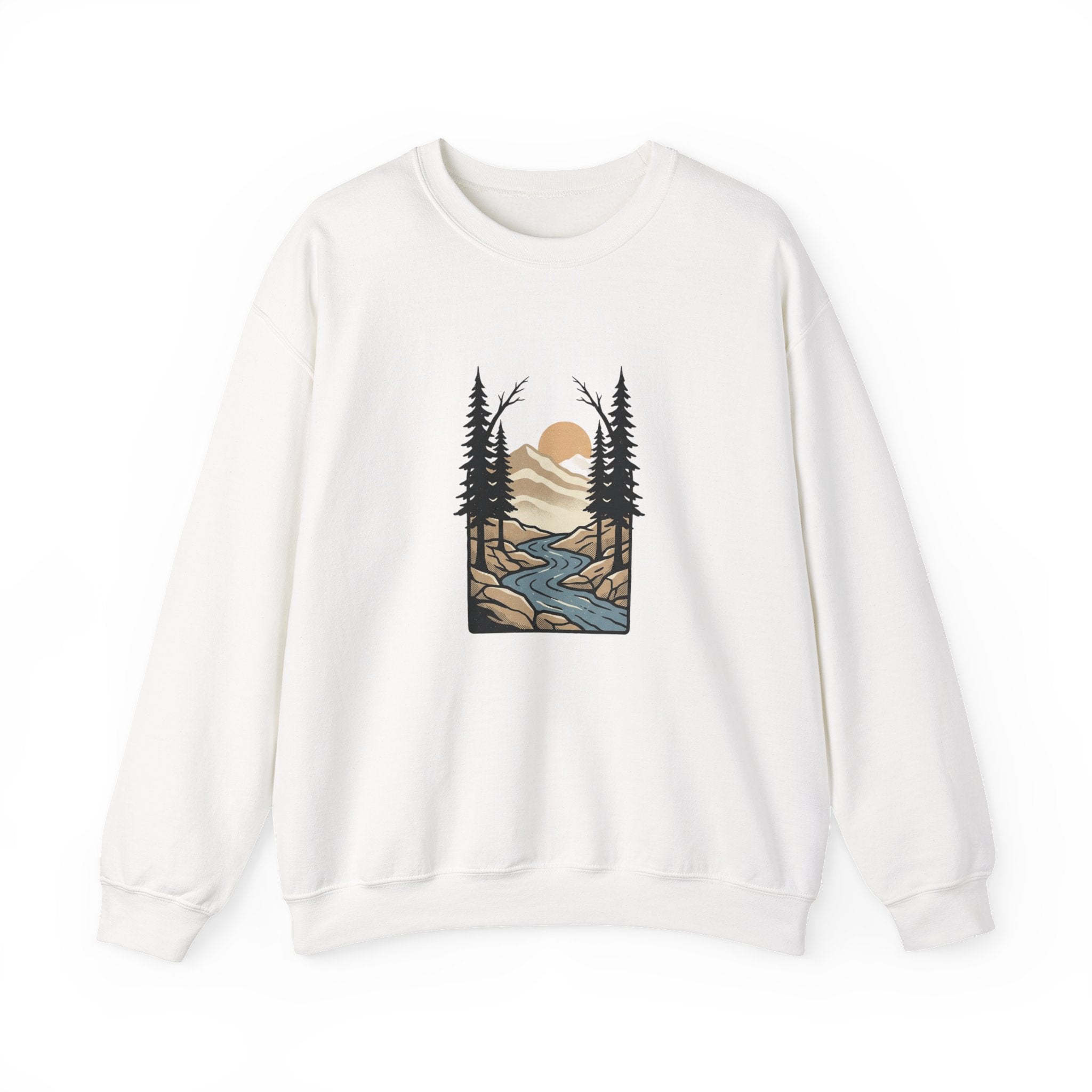 Nature Sunset Crewneck Sweatshirt — Mountain River Pine Trees Graphic