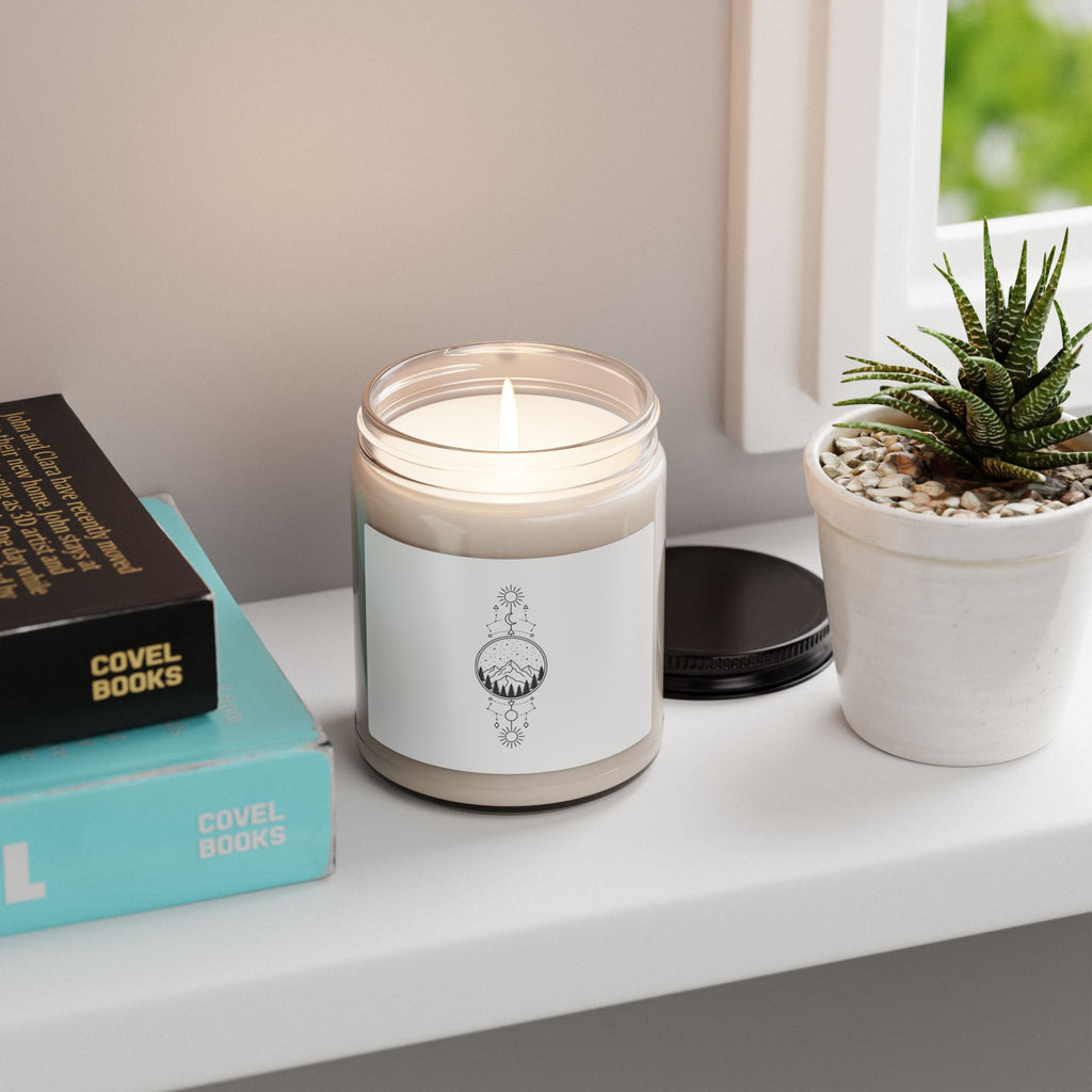Mountain Moon Soy Candle — 9oz Scented Jar (Boho Celestial Nature Design)