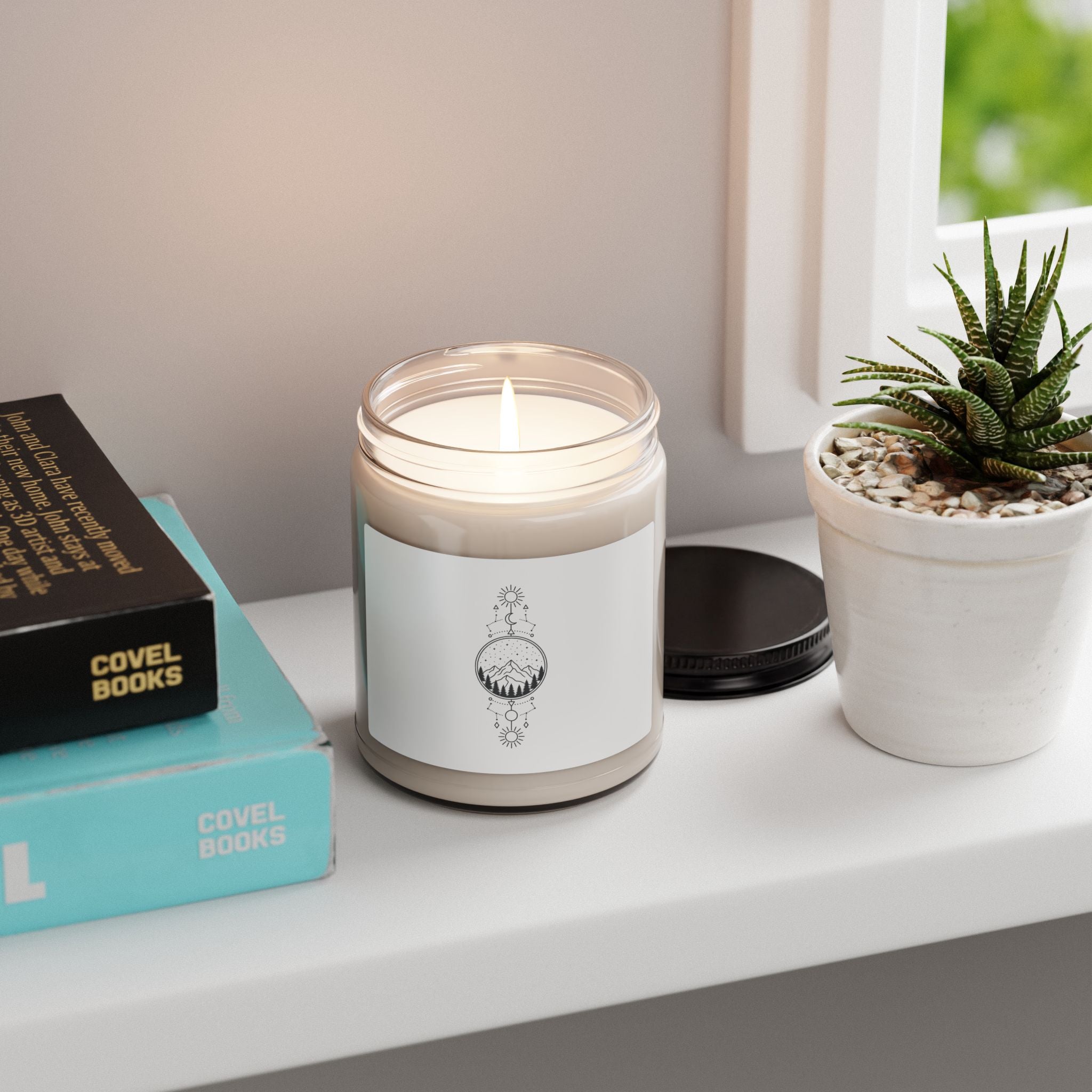 Mountain Moon Soy Candle — 9oz Scented Jar (Boho Celestial Nature Design)