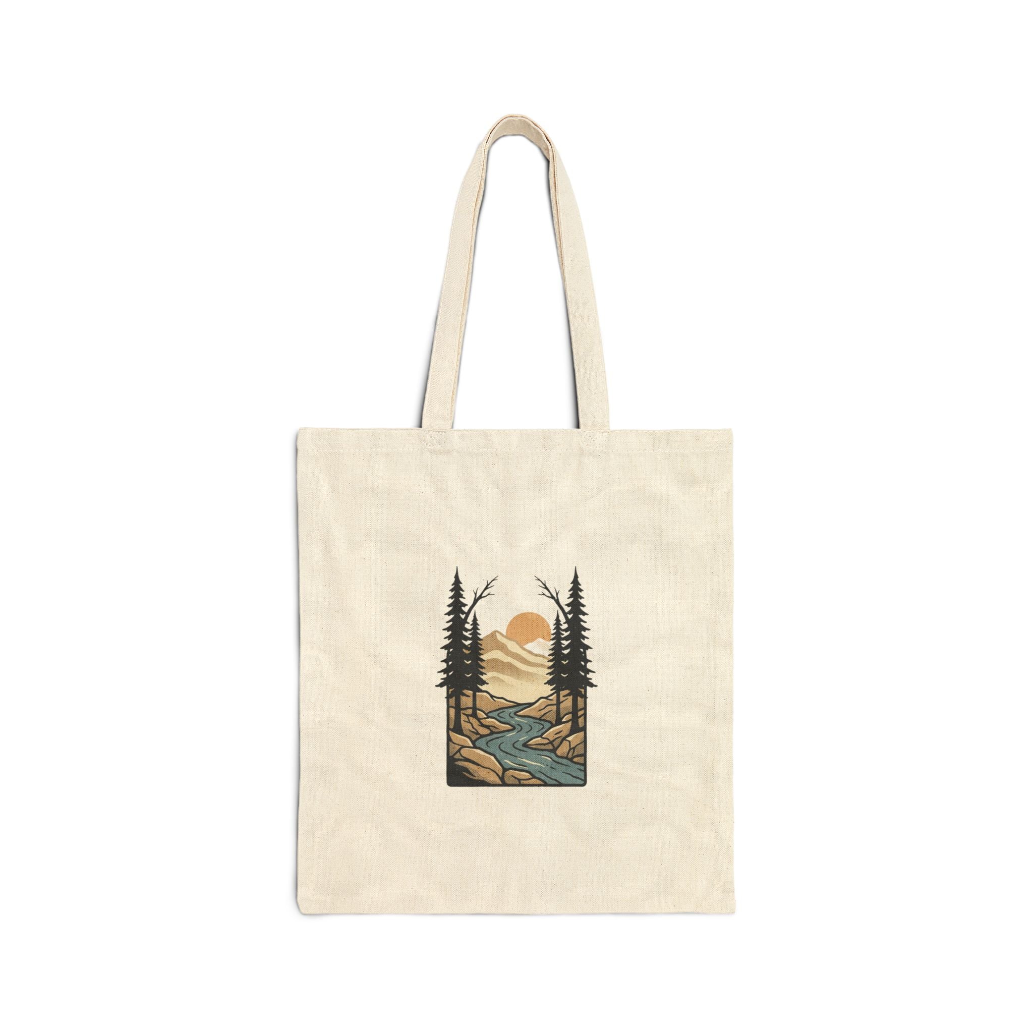 Nature River Scene Tote Bag — Canvas Eco-Friendly Market Tote with Sunset Pine Design