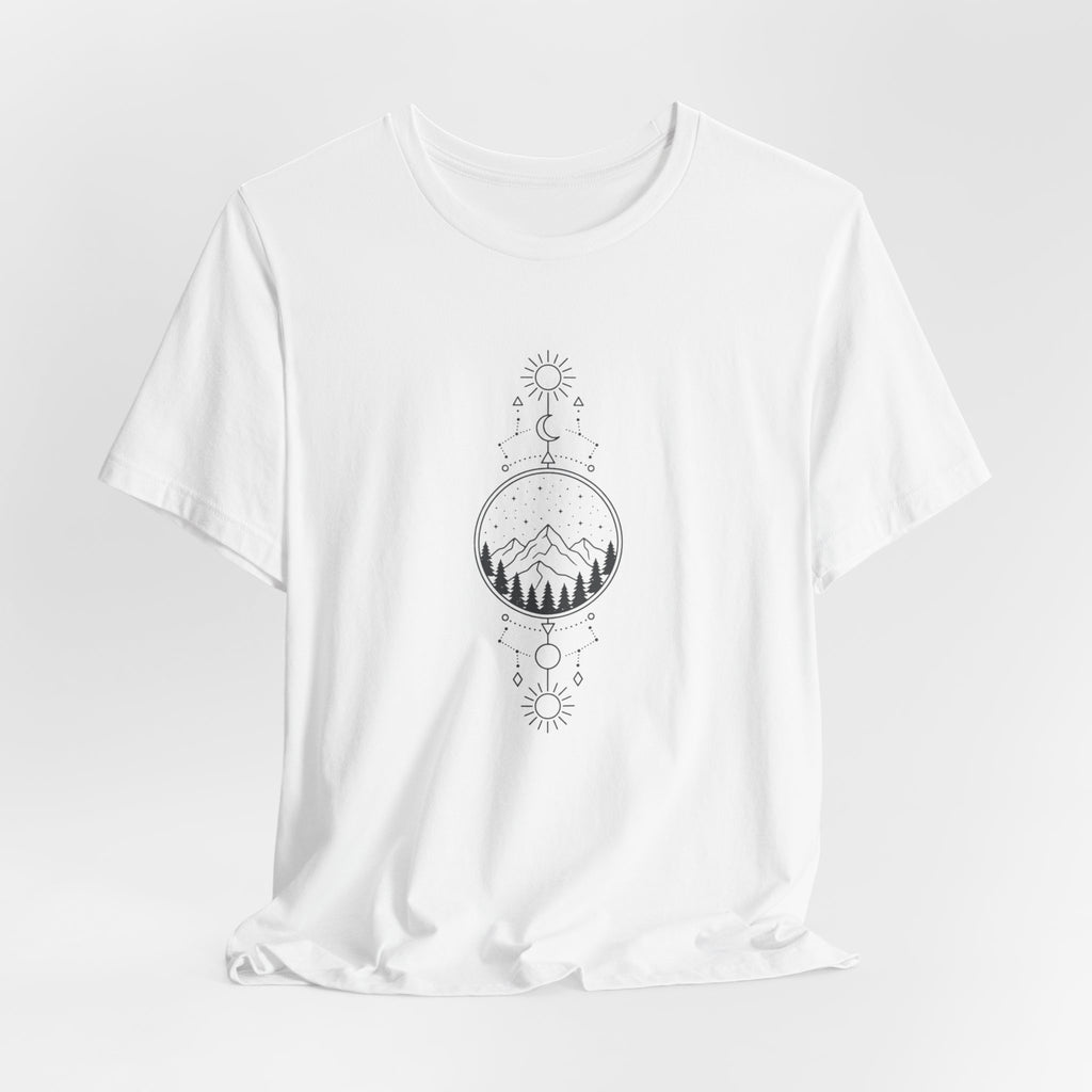 Mountain Moon Phases Tee — Minimalist Nature Graphic T-Shirt