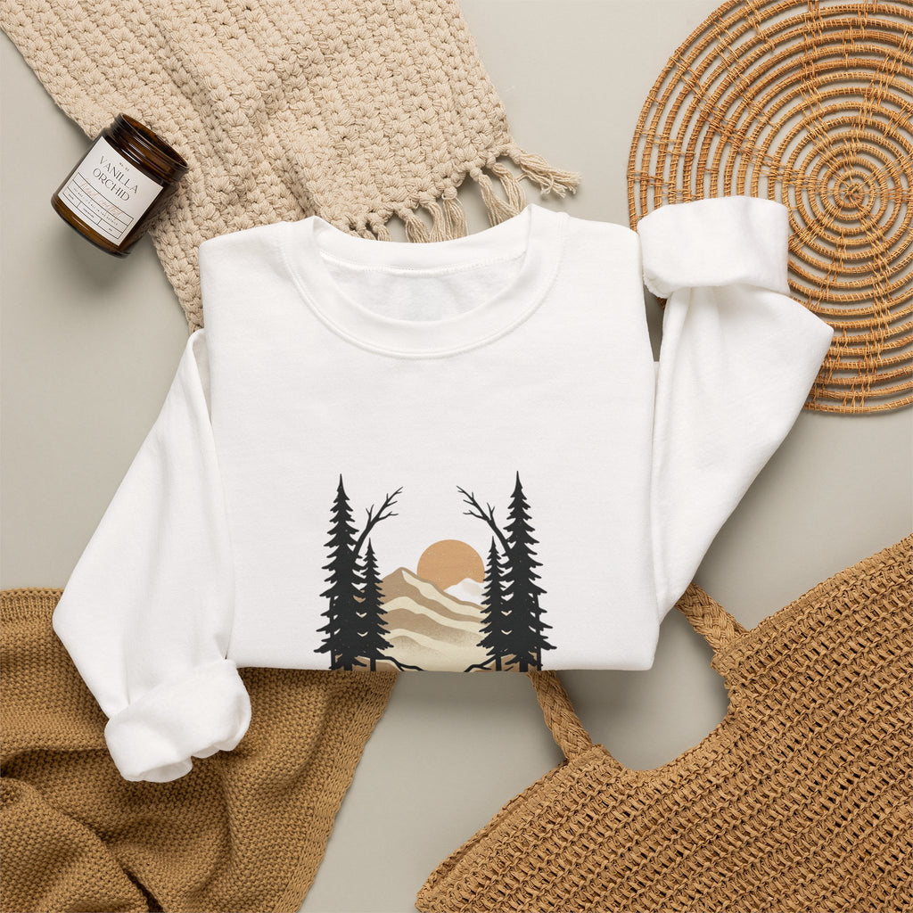 Nature Sunset Crewneck Sweatshirt — Mountain River Pine Trees Graphic
