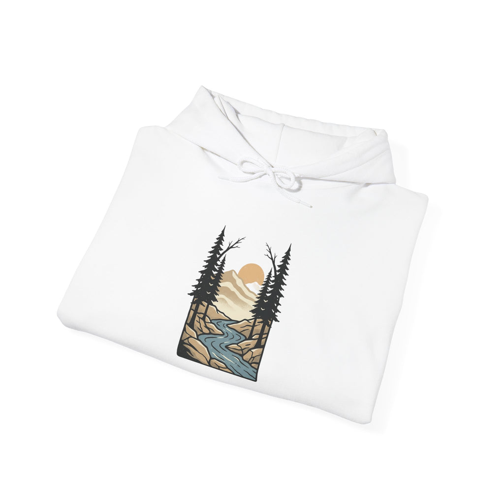 Scenic River Sunset Hoodie — Retro Nature Graphic Hooded Sweatshirt