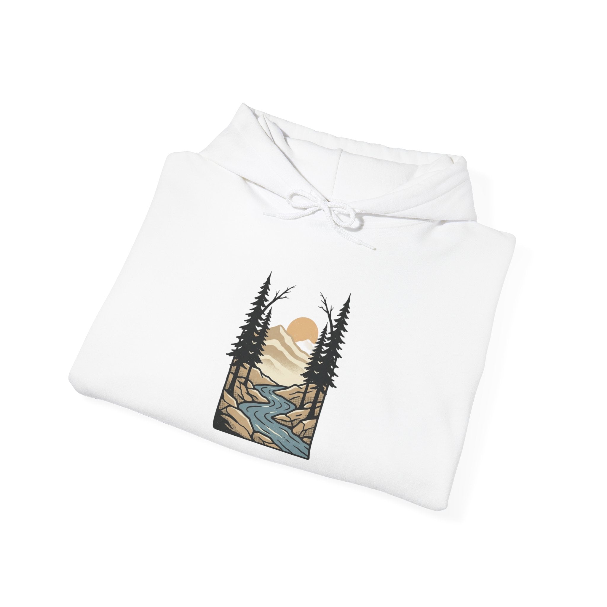 Scenic River Sunset Hoodie — Retro Nature Graphic Hooded Sweatshirt